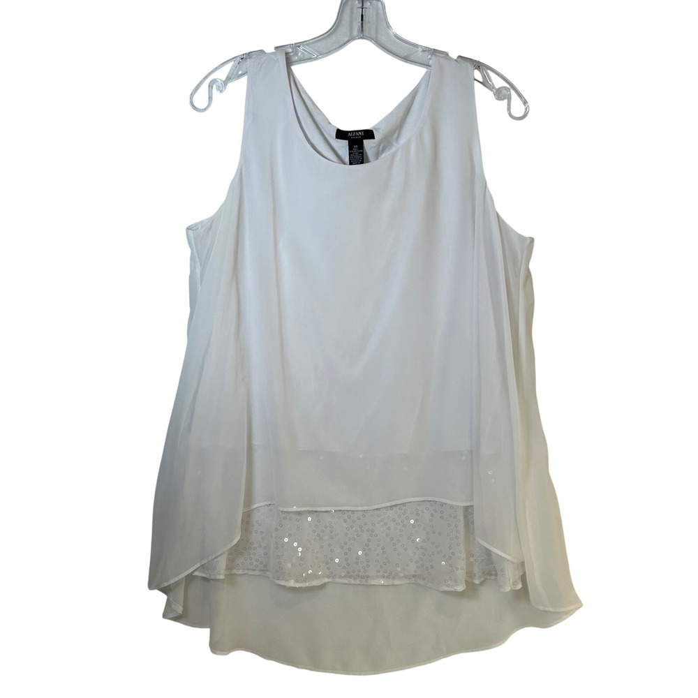 Alfani Woman White Layered Sequin Hem High-Low Sleeveless Blouse Top‎ 0X